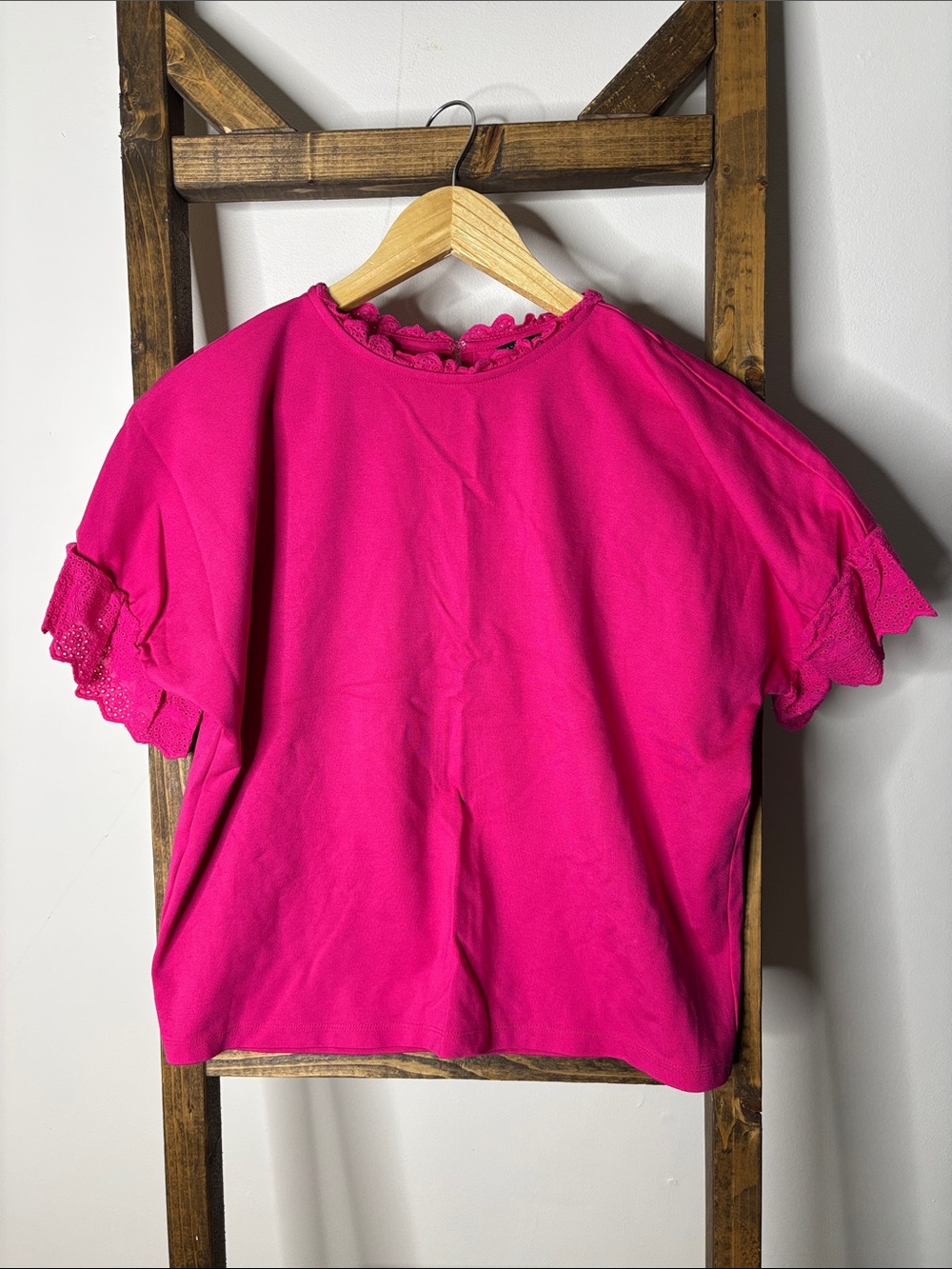 Ann Taylor Fuchsia Short Sleeve Top with Lace-Trim Sleeves PS